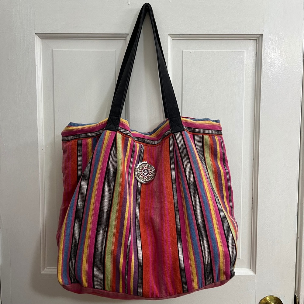 World Market Woven Cotton Ethnic Tote Bag Boho Beaded Granola Festival Hippie